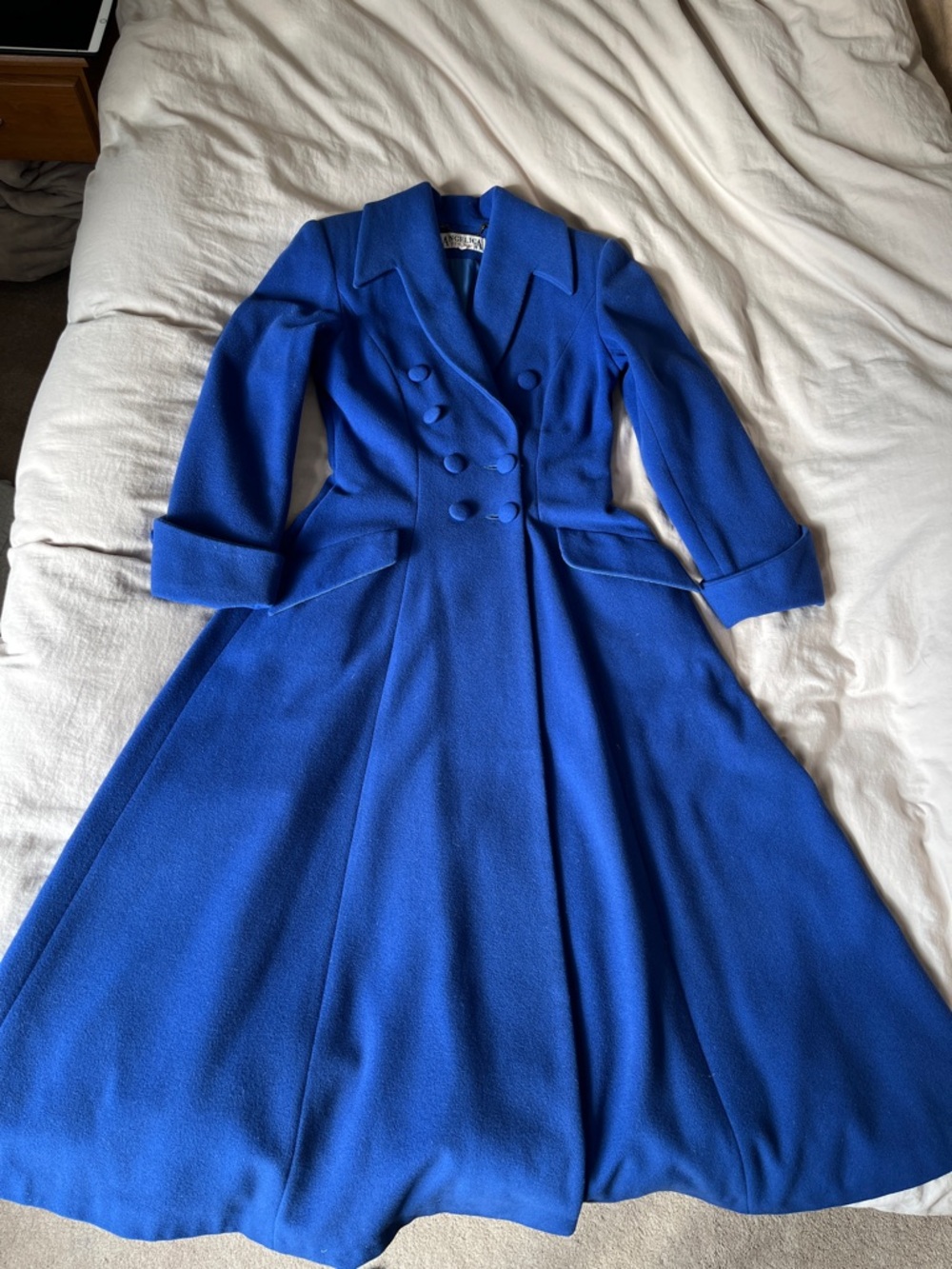 cobalt blue unique A-Line Notched Collar wool and cashmere fitted long coat - Picture 6 of 15